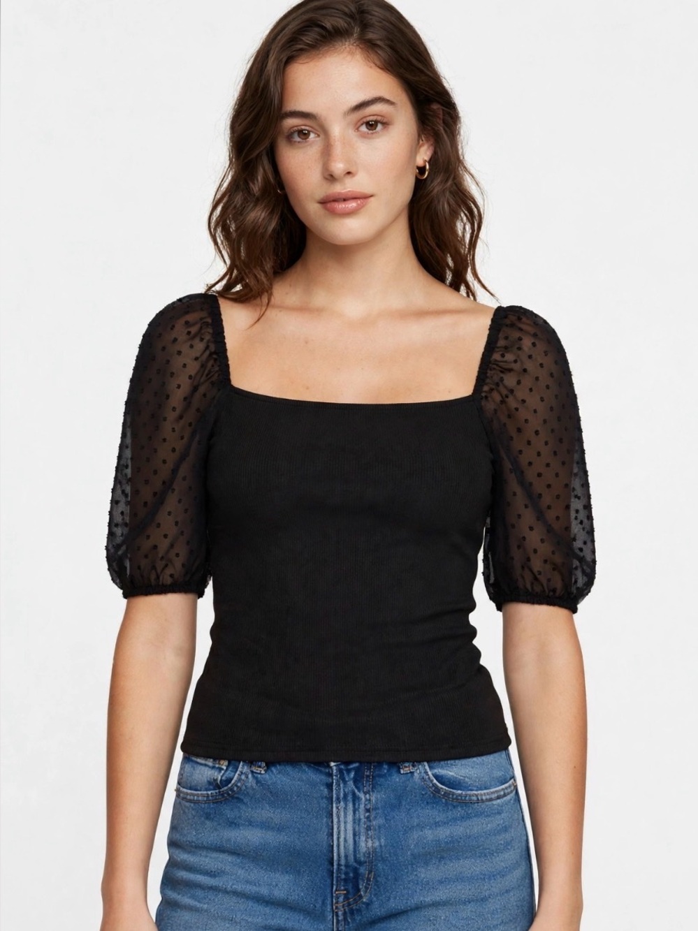 Heartloom Black Square Neck Puff-Sleeve Long Sleeve Top